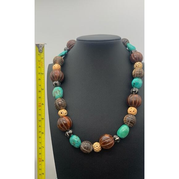 Vintage Western Boho Blue Turquoise Stone & Carved Wood Sterling Toggle Necklace - Picture 3 of 5